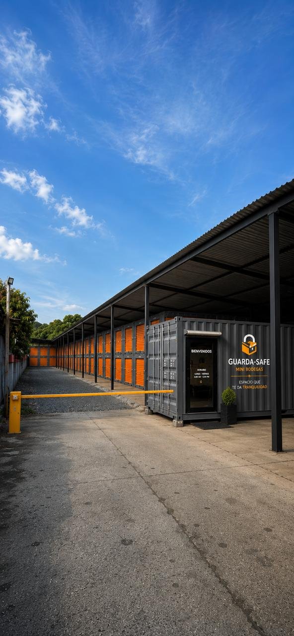 Entrada del parque GUARDA-SAFE con talanquera, caseta de recepción y letrero con horario