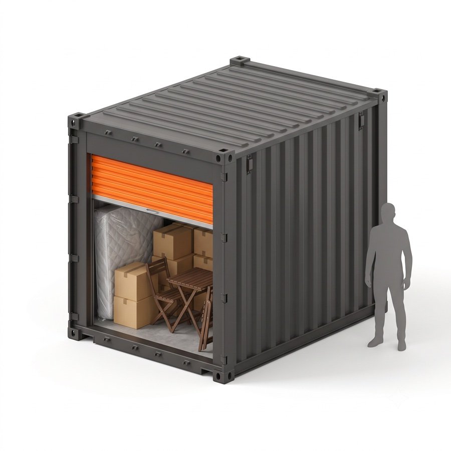 Render isométrico de un contenedor de 10 pies con la puerta naranja medio abierta: cajas, una mesa plegable y un colchón adentro