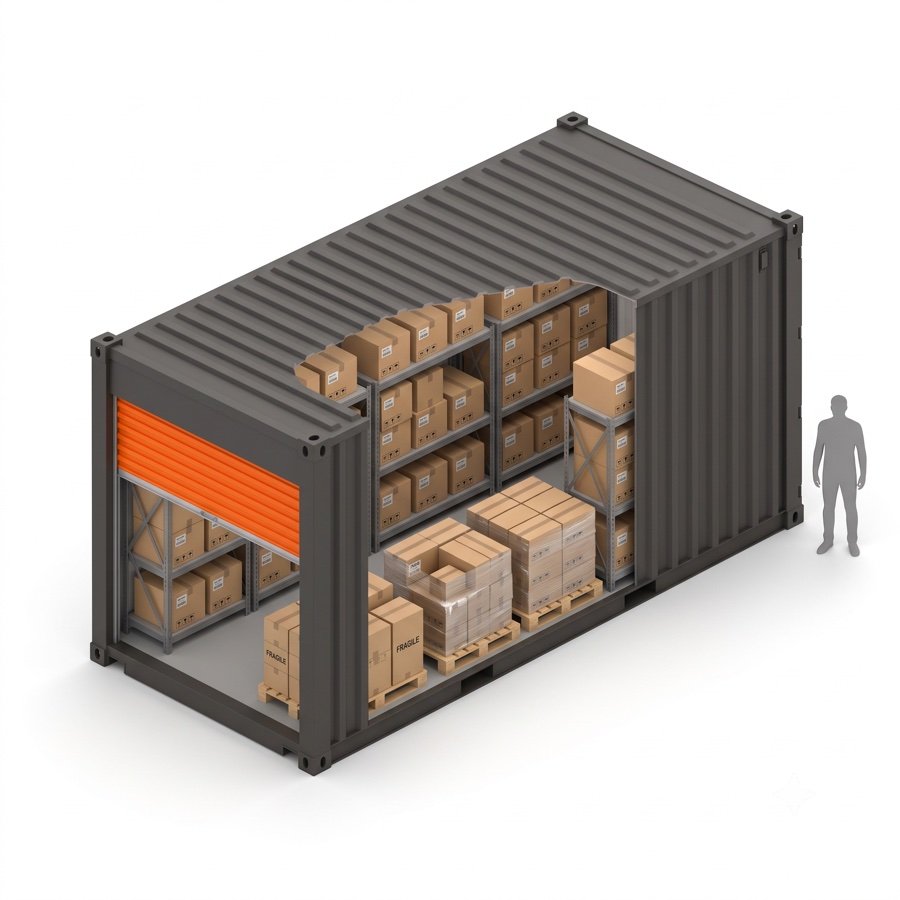 Render isométrico de un contenedor de 40 pies en corte con estanterías metálicas, estibas y cajas de inventario de negocio